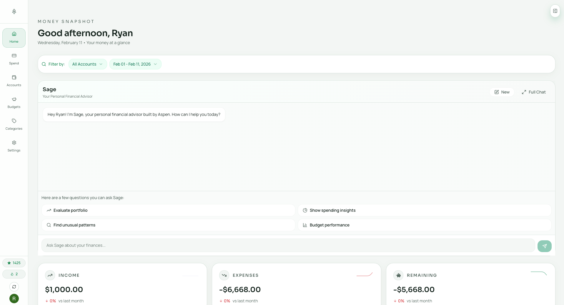 Aspen dashboard showing accounts, goals, and spending summary